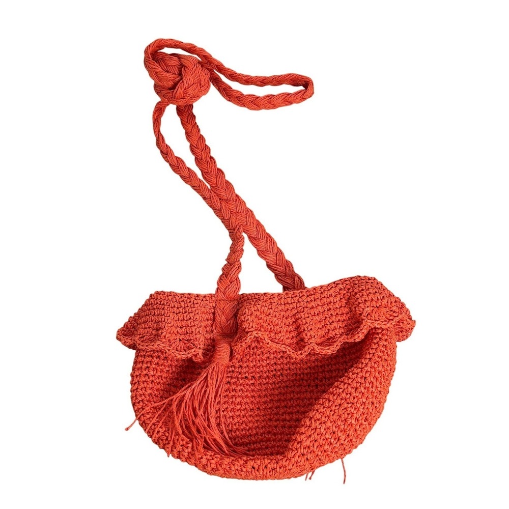Rhode Target Orange Woven Raffia Crochet Shoulder Bag Ruffle Tassel Summer Beach